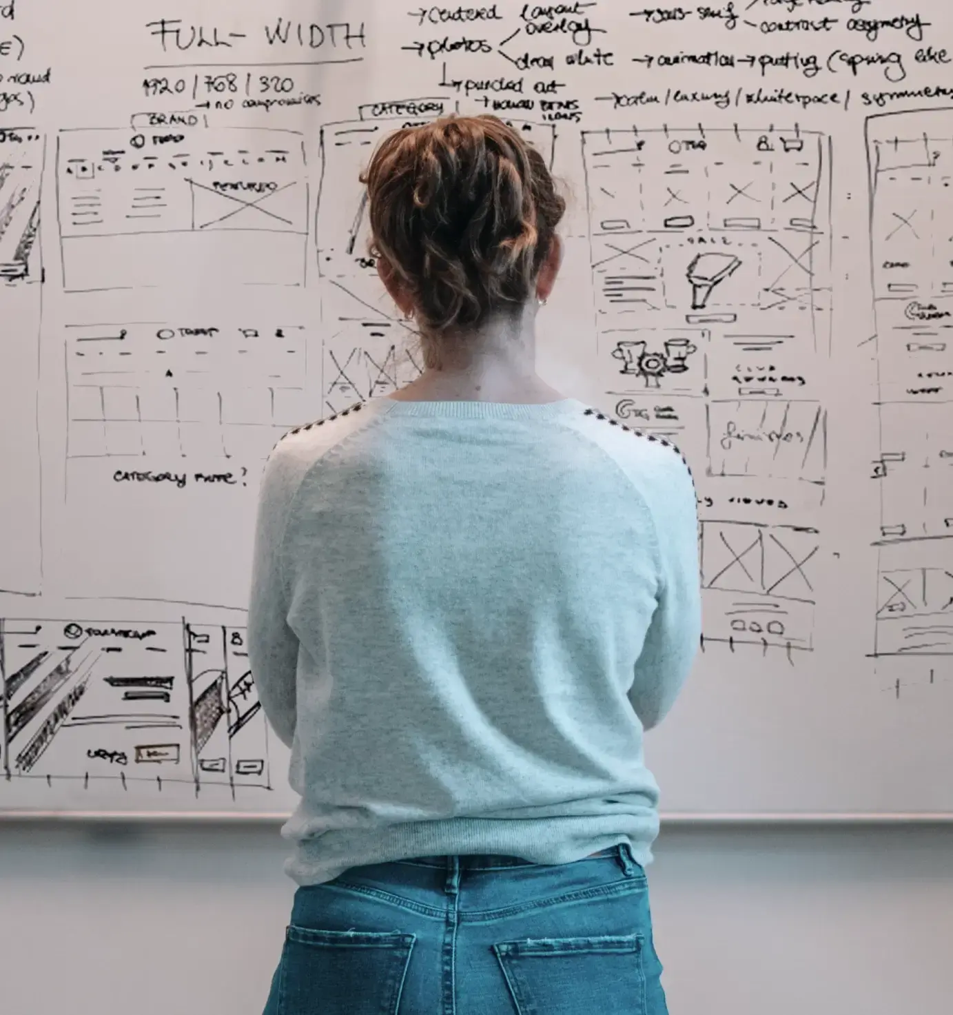 person stood looking at planning notes on a big whiteboard in front of them